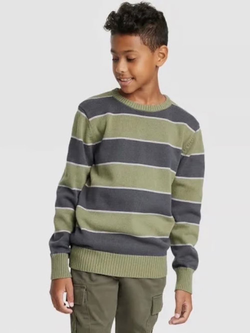 Cat & Jack Olive and Charcoal Striped Crewneck Sweater